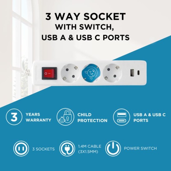 Πολύπριζο GSC 3 Θέσεων με Διακόπτη, Θύρες 1xUSB A, 1xUSB C & Καλώδιο 1.4m (3 x 1.5mm) Λευκό Πολύπριζο GSC 3 Θέσεων με Διακόπτη, Θύρες 1xUSB A, 1xUSB C & Καλώδιο 1.4m (3 x 1.5mm) Λευκό