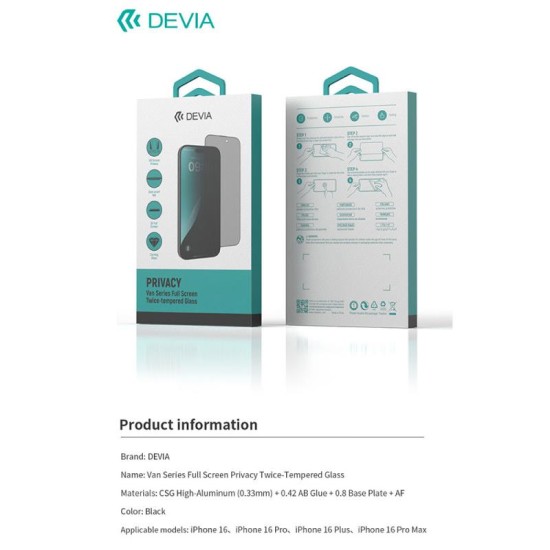 Tempered Glass Full Face Privacy Devia Apple iPhone 16 Van Μαύρο (1 τεμ.) Tempered Glass Full Face Privacy Devia Apple iPhone 16 Van Μαύρο (1 τεμ.)