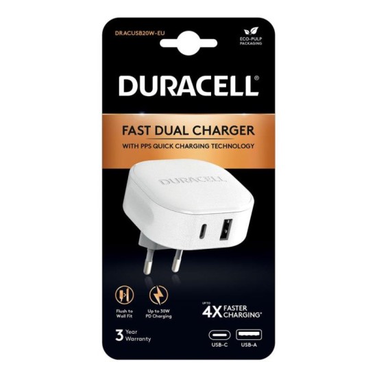 Φορτιστής Ταξιδίου Ταχείας Φόρτισης Duracell PD 30W με Έξοδο USB A & Έξοδο USB C Λευκό Φορτιστής Ταξιδίου Ταχείας Φόρτισης Duracell PD 30W με Έξοδο USB A & Έξοδο USB C Λευκό