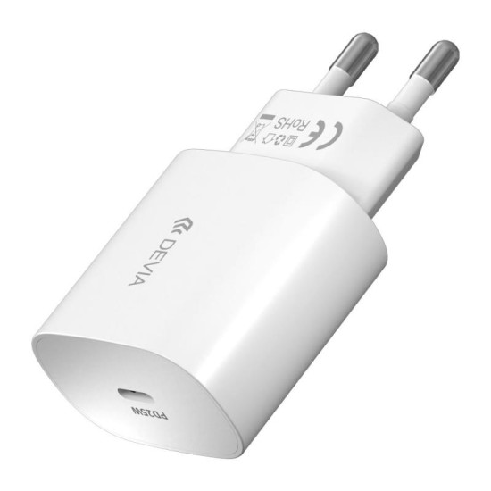 Φορτιστής Ταξιδίου Ταχείας Φόρτισης Devia RLC-383 25W με Έξοδο USB C PD & Καλώδιο USB C σε USB C Smart Λευκό Φορτιστής Ταξιδίου Ταχείας Φόρτισης Devia RLC-383 25W με Έξοδο USB C PD & Καλώδιο USB C σε USB C Smart Λευκό