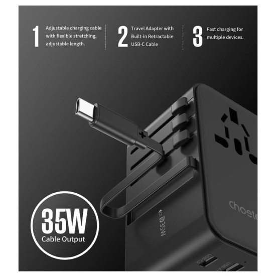 Διεθνής Φορτιστής Ταξιδίου Choetech PD5020 35W GaN με καλώδιο USB C Μαύρο Διεθνής Φορτιστής Ταξιδίου Choetech PD5020 35W GaN με καλώδιο USB C Μαύρο