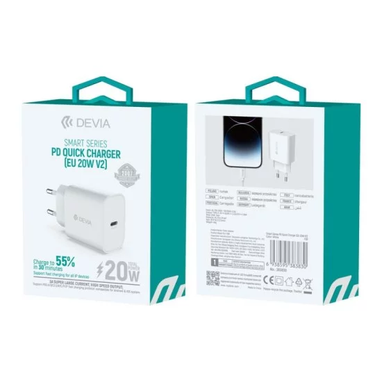 Φορτιστής Ταξιδίου Ταχείας Φόρτισης Devia RLC-318B V2 με Έξοδο USB C PD 20W Smart Λευκό Φορτιστής Ταξιδίου Ταχείας Φόρτισης Devia RLC-318B V2 με Έξοδο USB C PD 20W Smart Λευκό