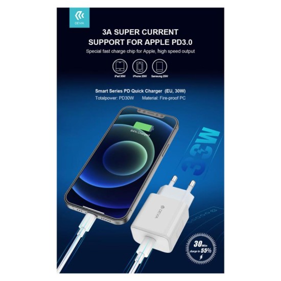 Φορτιστής Ταξιδίου Ταχείας Φόρτισης Devia PD 30W & Θήκη ShockProof & Tempered Glass Apple iPhone 15 Pro Max Pack Λευκό