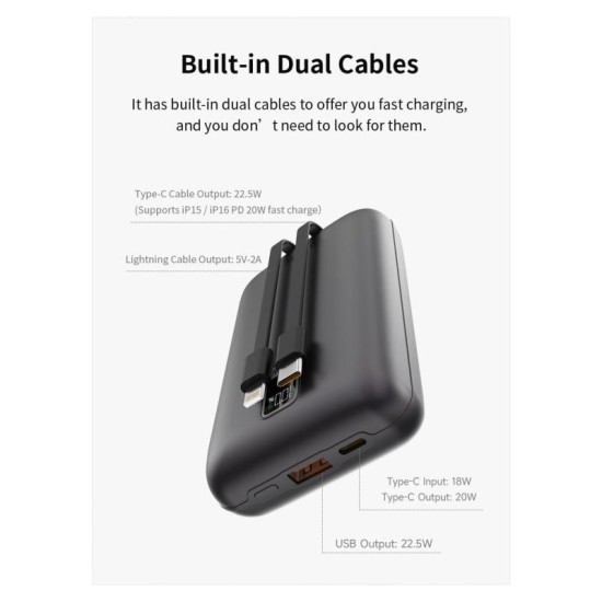 Φορτιστής Ανάγκης Devia EP208 MINI 22.5W 20000mAh με 2 Ενσωματωμένα Καλώδια Ultra4 Ασημί