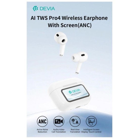 True Wireless Ακουστικά Bluetooth Devia ANC EM417 Pro4 με Μεταφραστή AI & Οθόνη Λευκό True Wireless Ακουστικά Bluetooth Devia ANC EM417 Pro4 με Μεταφραστή AI & Οθόνη Λευκό