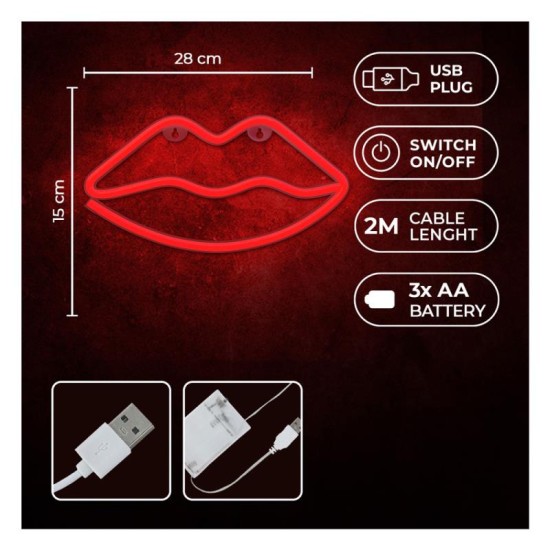 Neon LED Forever Light FLNEO8 LIPS (USB/Μπαταρίας & On/Off) Κόκκινο