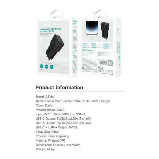 Διεθνής Φορτιστής Ταξιδίου - Αντάπτορας Multi Function Devia G520 Mini 3A 20W PD+QC με Διπλή Έξοδο USB A & USB C Μαύρο Διεθνής Φορτιστής Ταξιδίου - Αντάπτορας Multi Function Devia G520 Mini 3A 20W PD+QC με Διπλή Έξοδο USB A & USB C Μαύρο