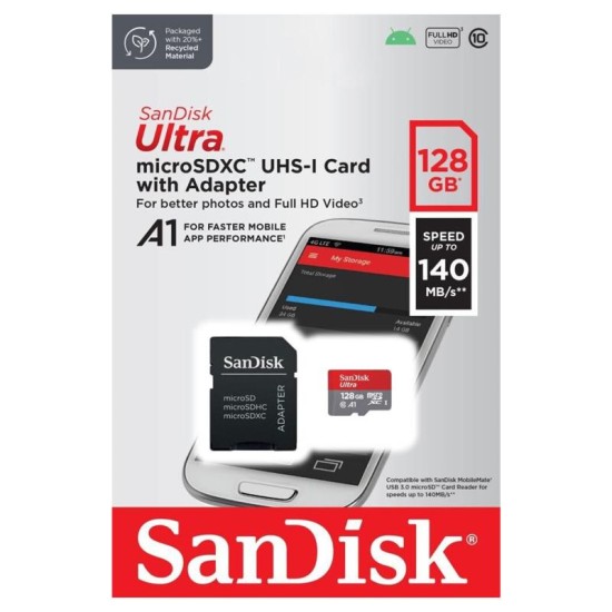 Κάρτα μνήμης Micro SDXC C10 UHS-I SanDisk Ultra 140MB/s 128GB + 1 ADP Κάρτα μνήμης Micro SDXC C10 UHS-I SanDisk Ultra 140MB/s 128GB + 1 ADP