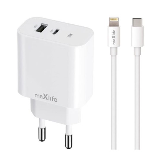 Φορτιστής Ταξιδίου Ταχείας Φόρτισης Maxlife MXTC-06-20AC με Διπλή Έξοδο USB A & USB C 20W & Καλώδιο USB C σε Lightning 1m Λευκό Φορτιστής Ταξιδίου Ταχείας Φόρτισης Maxlife MXTC-06-20AC με Διπλή Έξοδο USB A & USB C 20W & Καλώδιο USB C σε Lightning 1m Λευκό