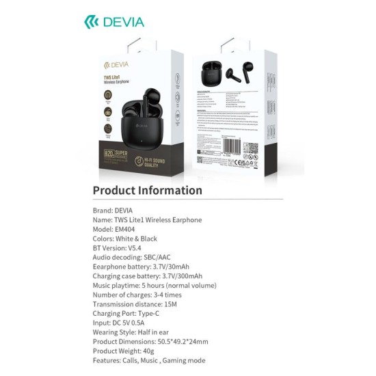 True Wireless Ακουστικά Bluetooth Devia EM404 Lite1 Λευκό True Wireless Ακουστικά Bluetooth Devia EM404 Lite1 Λευκό