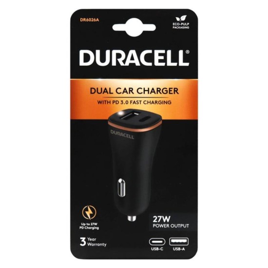 Φορτιστής Αυτοκινήτου Ταχείας Φόρτισης Duracell με Έξοδο USB A & Έξοδο USB C PD 3.0 27W Μαύρο-Μπρονζέ Φορτιστής Αυτοκινήτου Ταχείας Φόρτισης Duracell με Έξοδο USB A & Έξοδο USB C PD 3.0 27W Μαύρο-Μπρονζέ