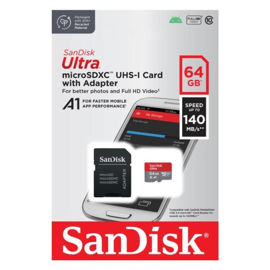 Κάρτα μνήμης Micro SDXC C10 UHS-I U1 SanDisk Ultra 140MB/s 64GB + 1 ADP Κάρτα μνήμης Micro SDXC C10 UHS-I U1 SanDisk Ultra 140MB/s 64GB + 1 ADP