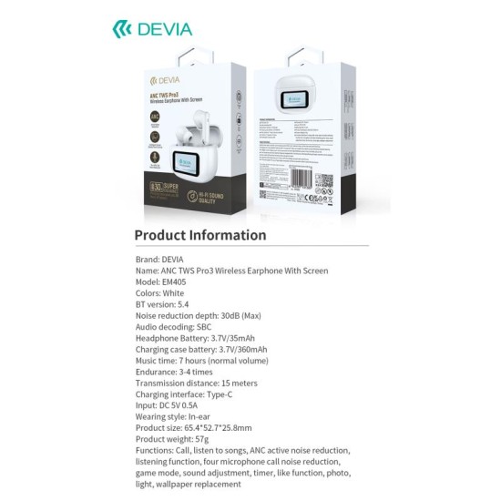 True Wireless Ακουστικά Bluetooth Devia ANC EM405 Pro3 με Οθόνη Λευκό True Wireless Ακουστικά Bluetooth Devia ANC EM405 Pro3 με Οθόνη Λευκό