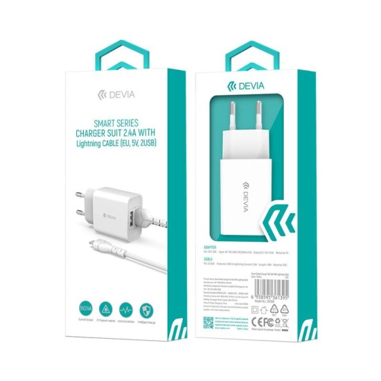 Φορτιστής Ταξιδίου Devia RLC-526 12W με Διπλή Έξοδο USB A & Καλώδιο Lightning EC406 1m Smart Λευκό Φορτιστής Ταξιδίου Devia RLC-526 12W με Διπλή Έξοδο USB A & Καλώδιο Lightning EC406 1m Smart Λευκό