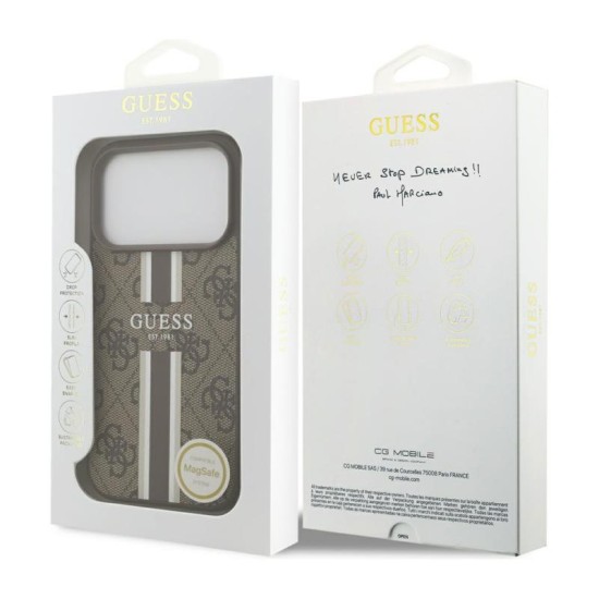 Θήκη PU Guess MagSafe Apple iPhone 17 Pro Hardcase 4G Printed Stripes Καφέ