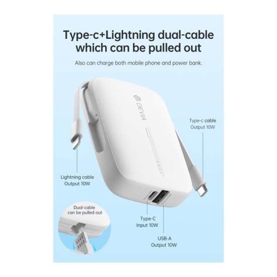 Φορτιστής Ανάγκης Devia EP158 10W 10000mAh με 2 Ενσωματωμένα Καλώδια Kintone Λευκό