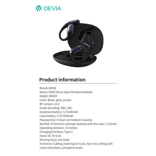 True Wireless Ακουστικά Bluetooth Devia OWS EM403 Ultra1 Open Μαύρο True Wireless Ακουστικά Bluetooth Devia OWS EM403 Ultra1 Open Μαύρο