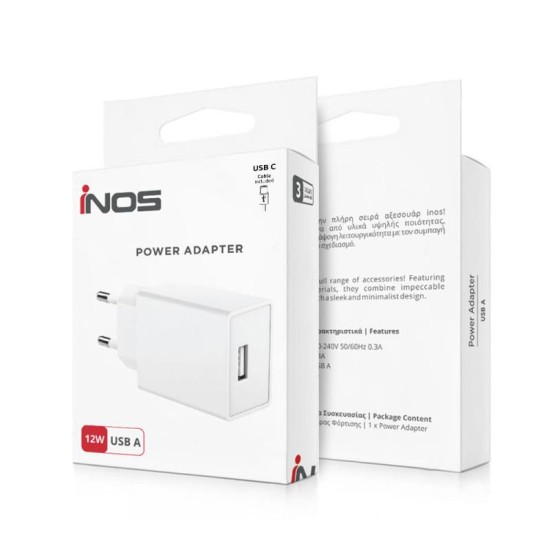 Φορτιστής Ταξιδίου inos με Έξοδο USB A 12W & USB C Καλώδιο 1m Λευκό Φορτιστής Ταξιδίου inos με Έξοδο USB A 12W & USB C Καλώδιο 1m Λευκό