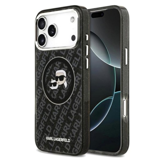 Θήκη Σιλικόνης Karl Lagerfeld Apple iPhone 17 Pro Max Magsafe Glitter Karl & Choupette Heads Μαύρο