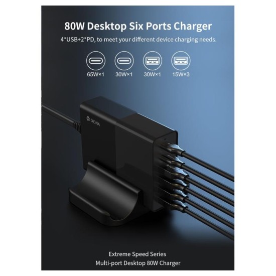 Multi Port Desktop Φορτιστής Ταχείας Φόρτισης Devia με Εξαπλή Έξοδο 4 x USB A & 2 x USB C PD 80W Extreme Speed Μαύρο Multi Port Desktop Φορτιστής Ταχείας Φόρτισης Devia με Εξαπλή Έξοδο 4 x USB A & 2 x USB C PD 80W Extreme Speed Μαύρο