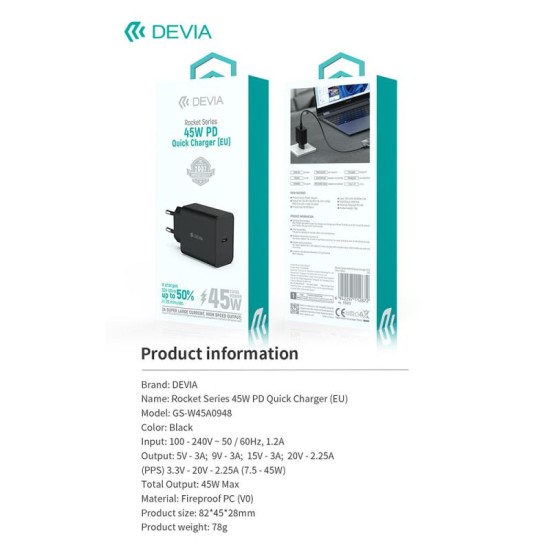 Φορτιστής Ταξιδίου Ταχείας Φόρτισης Devia GS-W45A0948 45W με Έξοδο USB C PD Rocket Μαύρο Φορτιστής Ταξιδίου Ταχείας Φόρτισης Devia GS-W45A0948 45W με Έξοδο USB C PD Rocket Μαύρο