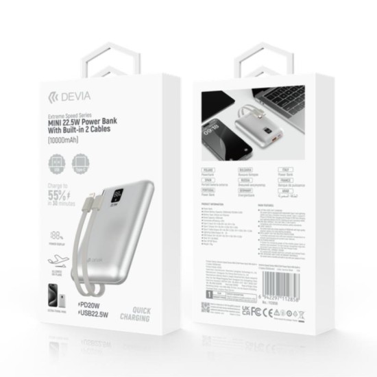 Φορτιστής Ανάγκης Devia EP202 MINI 22.5W 10000mAh με 2 Ενσωματωμένα Καλώδια Extreme Speed Ασημί