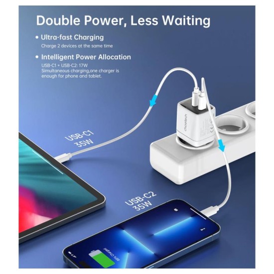 Φορτιστής Ταξιδίου Ταχείας Φόρτισης Choetech PD6051 με Διπλή Έξοδο USB C GaN PD 35W Λευκό Φορτιστής Ταξιδίου Ταχείας Φόρτισης Choetech PD6051 με Διπλή Έξοδο USB C GaN PD 35W Λευκό