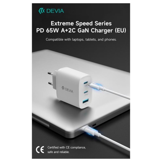 Φορτιστής Ταξιδίου Ταχείας Φόρτισης Devia RCE-6505ACCL με Τριπλή Έξοδο USB A & 2xUSB C GaN PD 65W Extreme Λευκό Φορτιστής Ταξιδίου Ταχείας Φόρτισης Devia RCE-6505ACCL με Τριπλή Έξοδο USB A & 2xUSB C GaN PD 65W Extreme Λευκό
