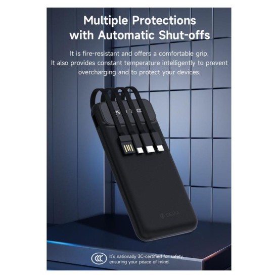 Φορτιστής Ανάγκης Devia EP189 10W 10000mAh με 4 Ενσωματωμένα Καλώδια Kintone Μαύρο