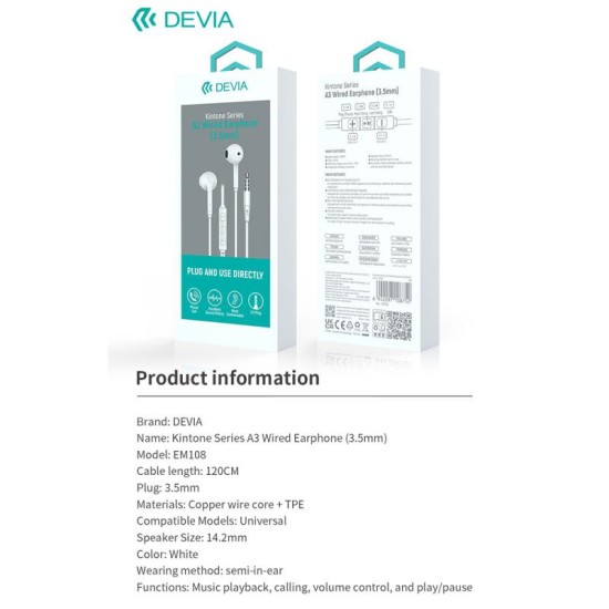 Hands Free Stereo A3 Devia EM108 3.5mm Kintone Λευκό Hands Free Stereo A3 Devia EM108 3.5mm Kintone Λευκό