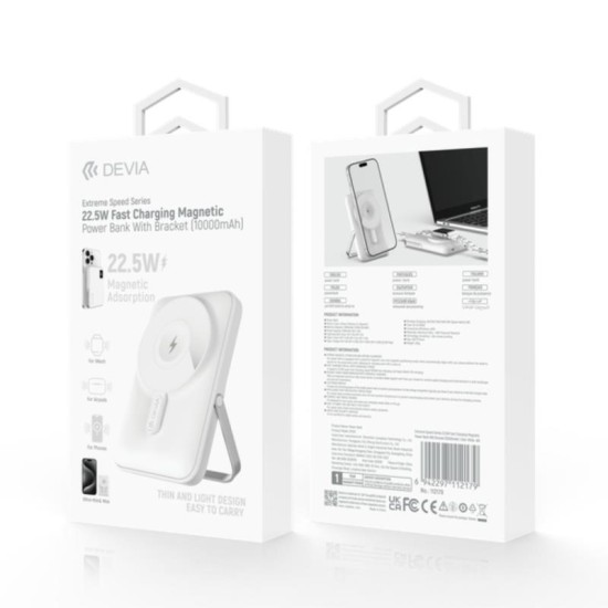 Ασύρματος Φορτιστής Ανάγκης Devia EP201 Magnetic PD 22.5W 10000mAh με Βραχίονα Στήριξης Extreme Speed Λευκό