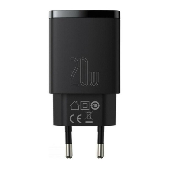 Φορτιστής Ταξιδίου Ταχείας Φόρτισης Baseus Compact με Διπλή Έξοδο USB A & USB C PD + QC 20W 3A Μαύρο