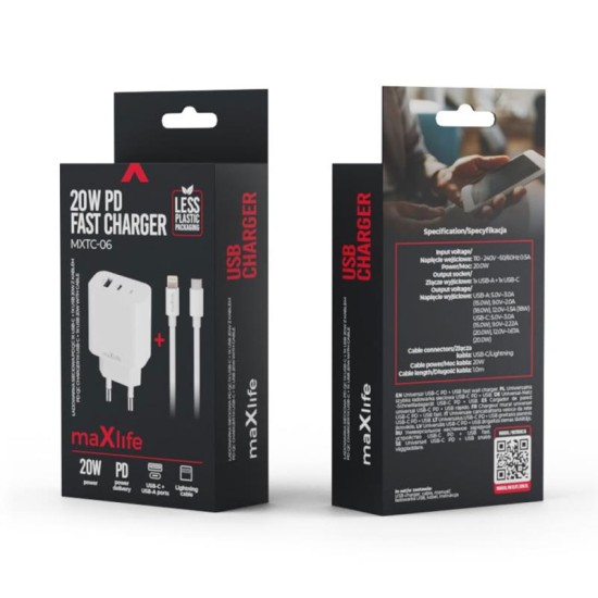 Φορτιστής Ταξιδίου Ταχείας Φόρτισης Maxlife MXTC-06-20AC με Διπλή Έξοδο USB A & USB C 20W & Καλώδιο USB C σε Lightning 1m Λευκό Φορτιστής Ταξιδίου Ταχείας Φόρτισης Maxlife MXTC-06-20AC με Διπλή Έξοδο USB A & USB C 20W & Καλώδιο USB C σε Lightning 1m Λευκό