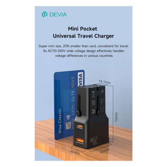 Διεθνής Φορτιστής Ταξιδίου - Αντάπτορας Multi Function Devia G520 Mini 3A 20W PD+QC με Διπλή Έξοδο USB A & USB C Μαύρο Διεθνής Φορτιστής Ταξιδίου - Αντάπτορας Multi Function Devia G520 Mini 3A 20W PD+QC με Διπλή Έξοδο USB A & USB C Μαύρο