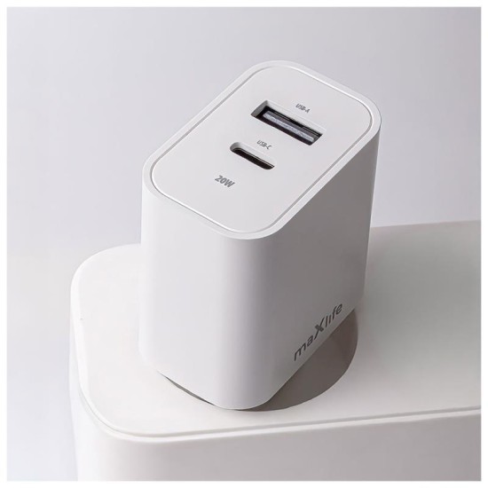Φορτιστής Ταξιδίου Ταχείας Φόρτισης Maxlife MXTC-06-20AC με Διπλή Έξοδο USB A & USB C 20W & Καλώδιο USB C σε Lightning 1m Λευκό Φορτιστής Ταξιδίου Ταχείας Φόρτισης Maxlife MXTC-06-20AC με Διπλή Έξοδο USB A & USB C 20W & Καλώδιο USB C σε Lightning 1m Λευκό