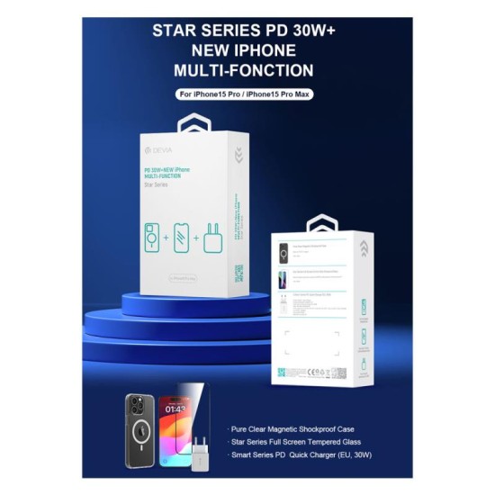 Φορτιστής Ταξιδίου Ταχείας Φόρτισης Devia PD 30W & Θήκη ShockProof & Tempered Glass Apple iPhone 15 Pro Max Pack Λευκό