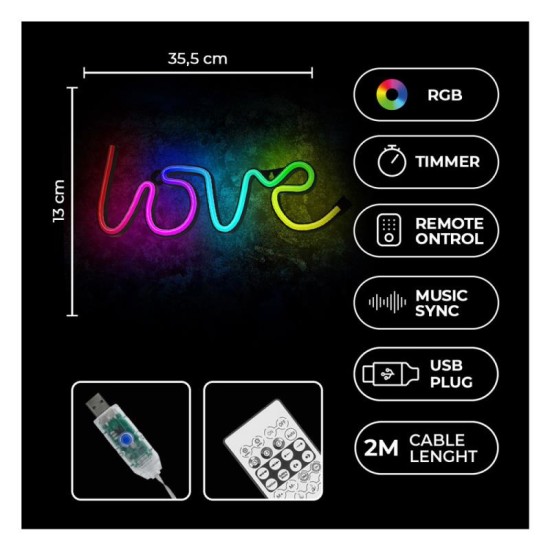 Neon RGB Forever Light FLRN01 LOVE (USB & On/Off) με Τηλεχειριστήριο Πολύχρωμο