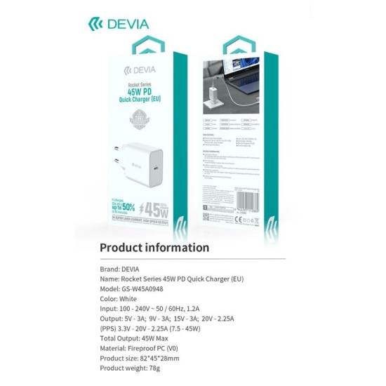 Φορτιστής Ταξιδίου Ταχείας Φόρτισης Devia GS-W45A0948 45W με Έξοδο USB C PD Rocket Λευκό Φορτιστής Ταξιδίου Ταχείας Φόρτισης Devia GS-W45A0948 45W με Έξοδο USB C PD Rocket Λευκό