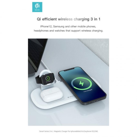 Ασύρματος Φορτιστής - Βάση 3in1 Devia EA220 15W για Apple Airpods, iPhone & iWatch Smart Λευκό