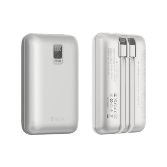 Φορτιστής Ανάγκης Devia EP208 MINI 22.5W 20000mAh με 2 Ενσωματωμένα Καλώδια Ultra4 Ασημί