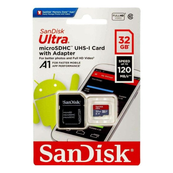 Κάρτα μνήμης Micro SDHC C10 SanDisk Ultra 120MB/s 32Gb + 1 ADP Κάρτα μνήμης Micro SDHC C10 SanDisk Ultra 120MB/s 32Gb + 1 ADP