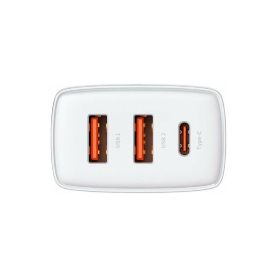 Φορτιστής Ταξιδίου Ταχείας Φόρτισης Baseus Compact με Τριπλή Έξοδο 2xUSB A & USB C PD + QC 30W 3A Λευκό Φορτιστής Ταξιδίου Ταχείας Φόρτισης Baseus Compact με Τριπλή Έξοδο 2xUSB A & USB C PD + QC 30W 3A Λευκό