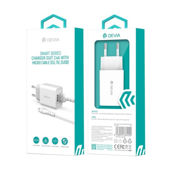 Φορτιστής Ταξιδίου Devia RLC-526 12W με Διπλή Έξοδο USB Α & Καλώδιο Micro USB EC205 1m Smart Λευκό Φορτιστής Ταξιδίου Devia RLC-526 12W με Διπλή Έξοδο USB Α & Καλώδιο Micro USB EC205 1m Smart Λευκό