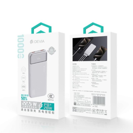 Φορτιστής Ανάγκης Devia EP198 Full Compatible 22.5W 10000mAh με Ψηφιακή Οθόνη Smart Λευκό