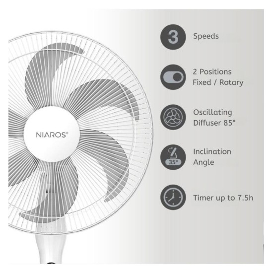 Επιδαπέδιος Ανεμιστήρας Niaros Sortino 65W με Τηλεχειριστήριο & Χρονόμετρο Λευκό Επιδαπέδιος Ανεμιστήρας Niaros Sortino 65W με Τηλεχειριστήριο & Χρονόμετρο Λευκό