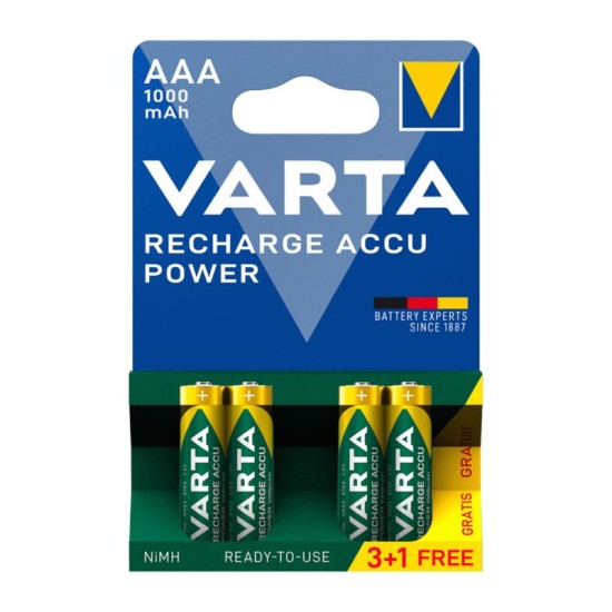 Μπαταρία Επαναφορτιζόμενη Varta AAA 1000mAh NiMH 1.2V Ready2Use (3+1 τεμ.) Μπαταρία Επαναφορτιζόμενη Varta AAA 1000mAh NiMH 1.2V Ready2Use (3+1 τεμ.)