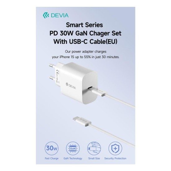 Φορτιστής Ταξιδίου Ταχείας Φόρτισης Devia RCE-3005CL 30W με Έξοδο USB C GaN PD & Καλώδιο USB C σε USB C Smart 1m Λευκό Φορτιστής Ταξιδίου Ταχείας Φόρτισης Devia RCE-3005CL 30W με Έξοδο USB C GaN PD & Καλώδιο USB C σε USB C Smart 1m Λευκό