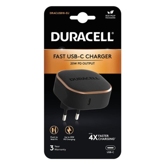 Φορτιστής Ταξιδίου Duracell PD 20W με Έξοδο USB C Μαύρο Φορτιστής Ταξιδίου Duracell PD 20W με Έξοδο USB C Μαύρο