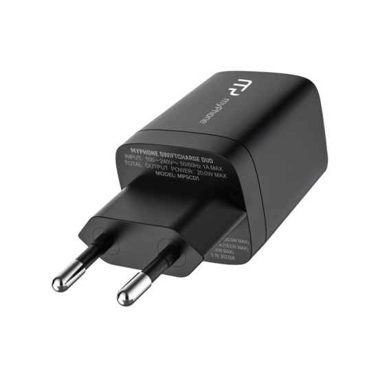 Φορτιστής Ταξιδίου Ταχείας Φόρτισης myPhone SWIFTCHARGE DUO με Διπλή Έξοδο USB A & USB C PD 20W Μαύρο Φορτιστής Ταξιδίου Ταχείας Φόρτισης myPhone SWIFTCHARGE DUO με Διπλή Έξοδο USB A & USB C PD 20W Μαύρο