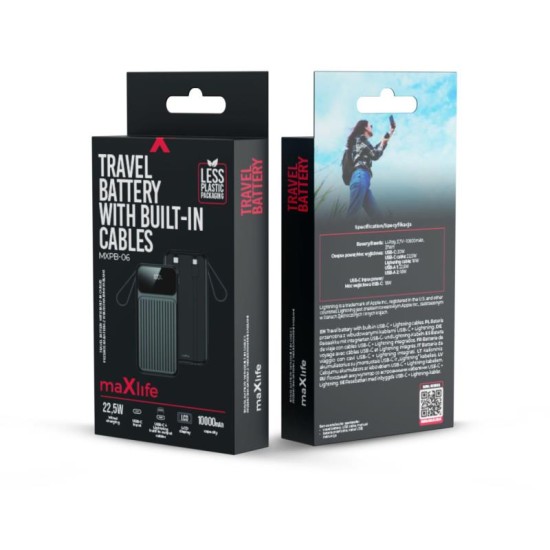 Φορτιστής Ανάγκης Maxlife MXPB-06 PD 22.5W 10000 mAh με Καλώδια USB C & Lightning Μαύρο Φορτιστής Ανάγκης Maxlife MXPB-06 PD 22.5W 10000 mAh με Καλώδια USB C & Lightning Μαύρο